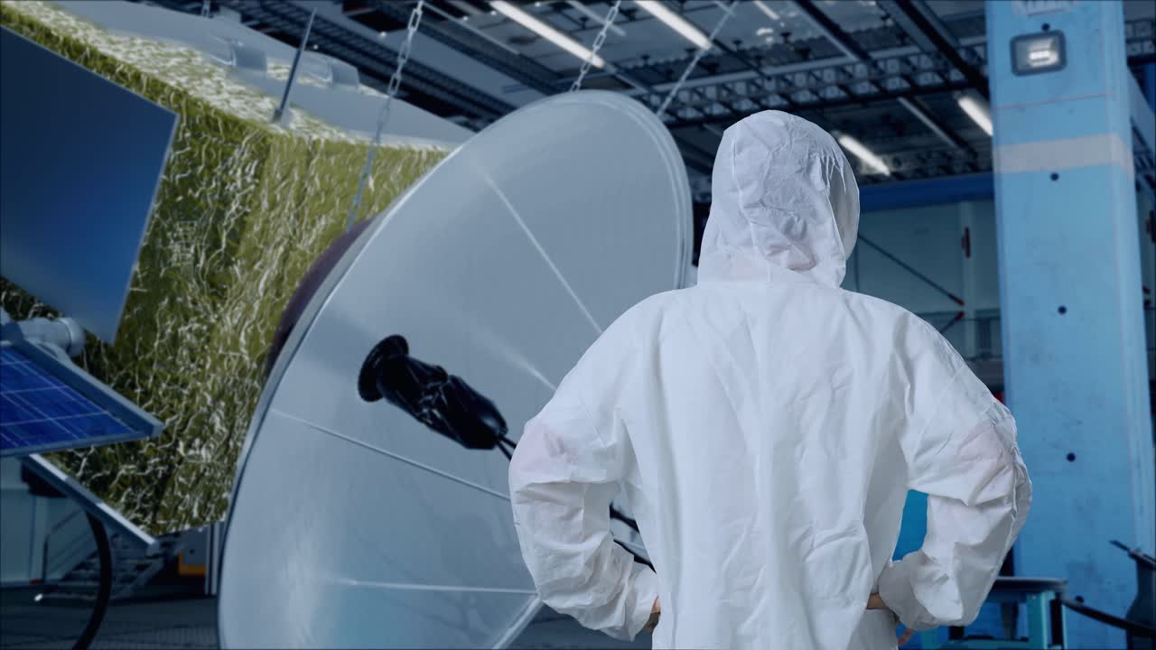 아시아 남성 과학자가 이에 손을 고 우주선 건설을 둘러보고 있는 뒷면