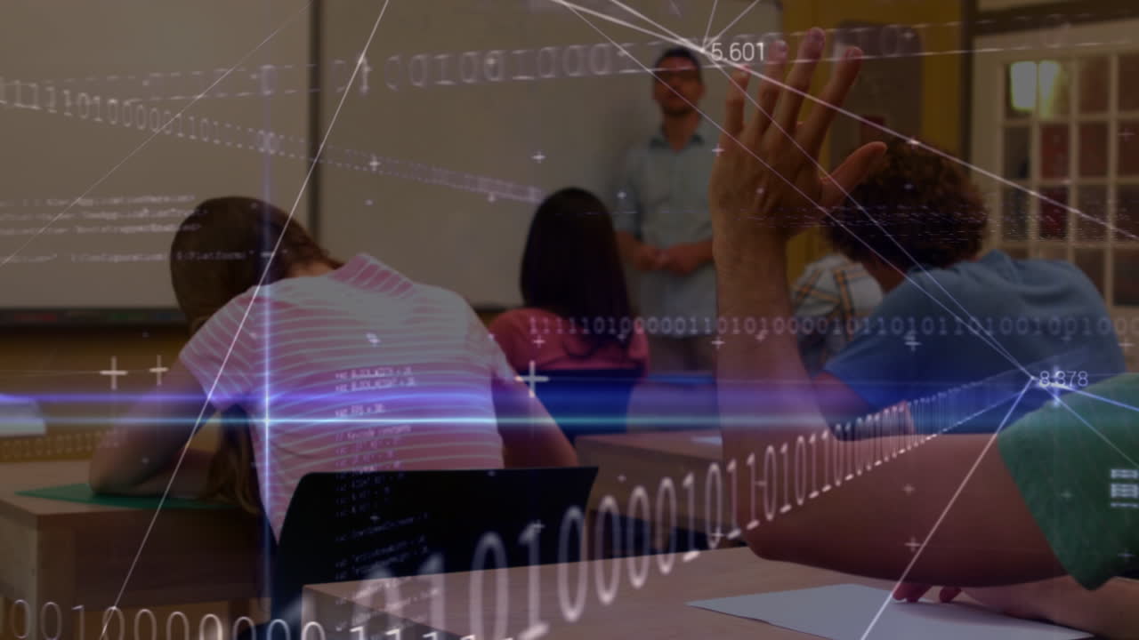 animación del procesamiento de datos en una clase de alumnos diversos durante la lección