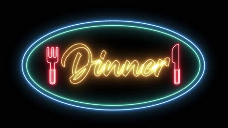 neon signs flickering with the word "dinner"