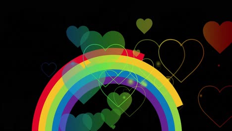 animation of rainbow hearts over rainbow on black background