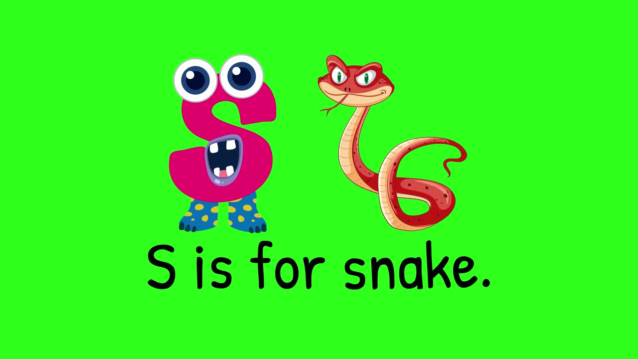 Bright animation with letter 'S' and a cartoon snake on a green background. Playful, educational style with simple transitions