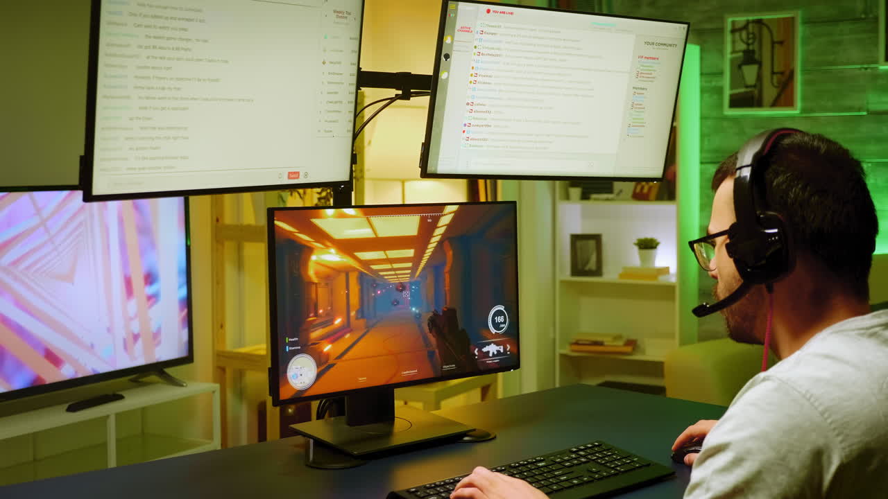 프로 게이머가 친구들과 함께 슈팅 게임을 하고 있습니다.