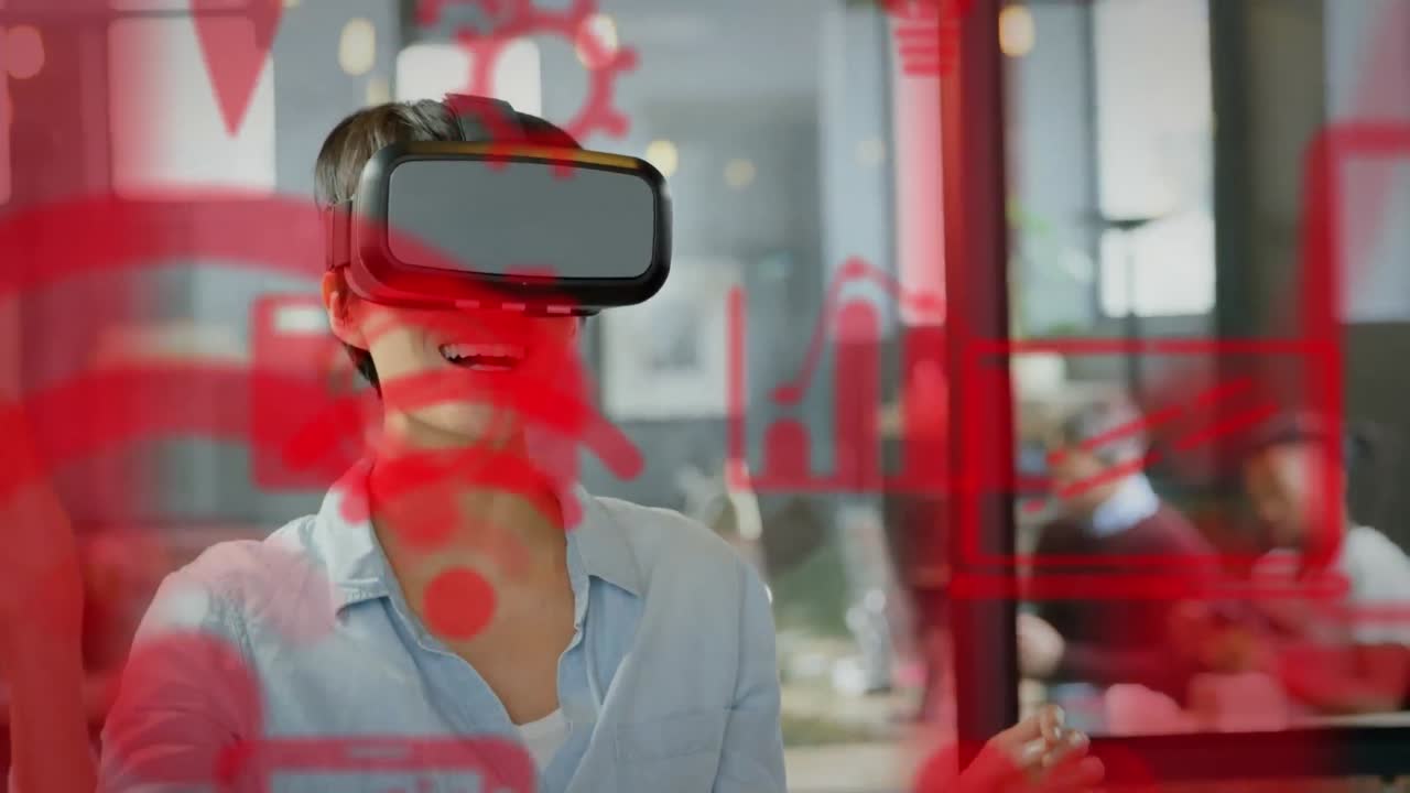 vr 헤드 ⁇ 을 착용한 백인 여성에 대한 소셜 미디어 아이콘의 애니메이션