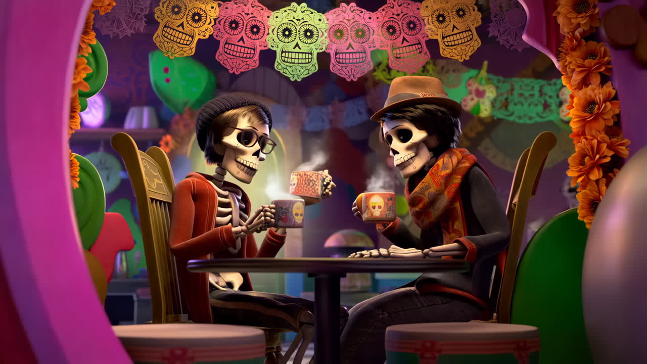 Two Skeletons Enjoying Drinks in a Festive Day of the Dead Setting