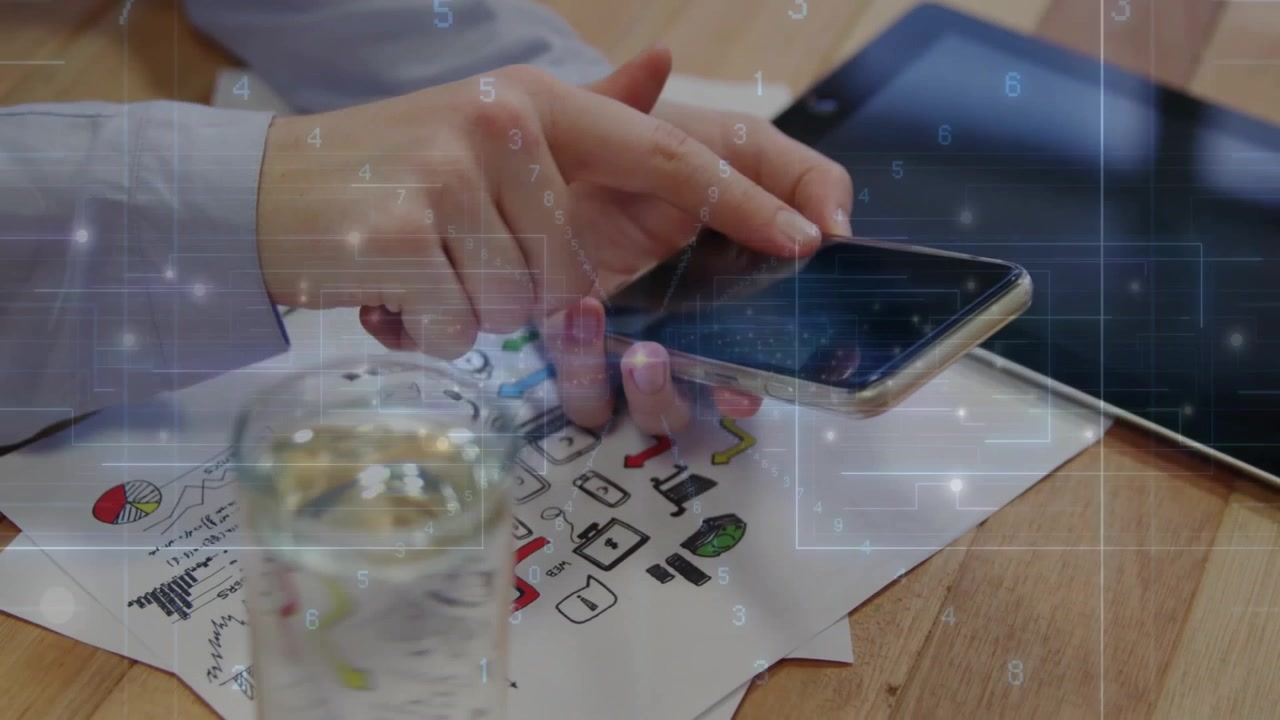 Dedo indicador descendo em direção ao smartphone em folha de diagrama, iniciando aplicativo e depois deslizando pelos menus