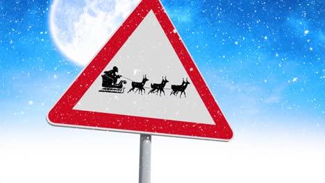 Digital-animation-of-snow-falling-over-black-silhouette-of-santa-claus-in-sleigh