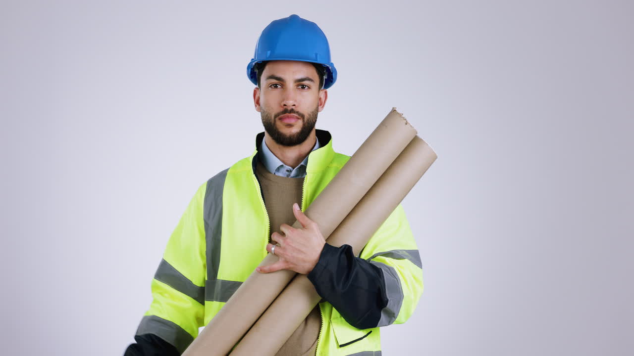 arquitecto, hombre y cara con los pulgares hacia arriba