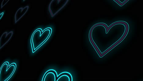 Modern-neon-blue-hearts-pattern-in-rows-on-black-gradient