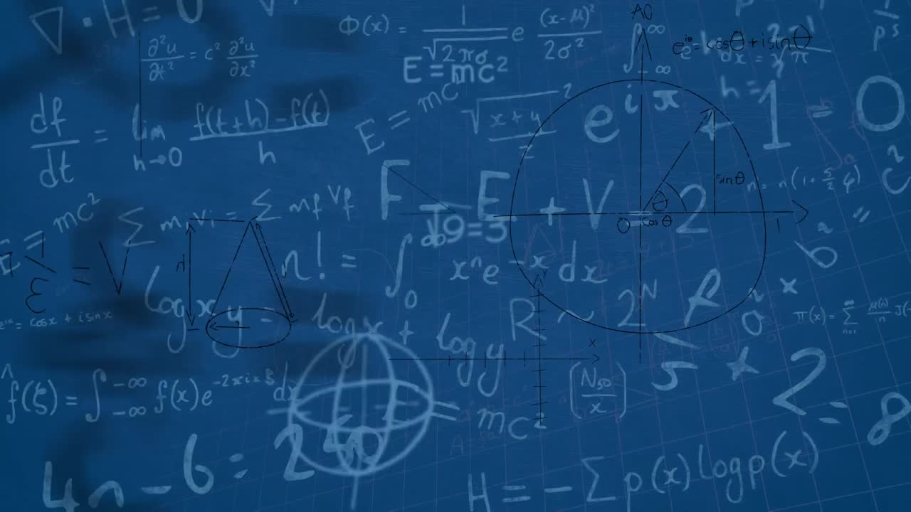 animación de ecuaciones matemáticas y diagramas flotando contra un fondo azul