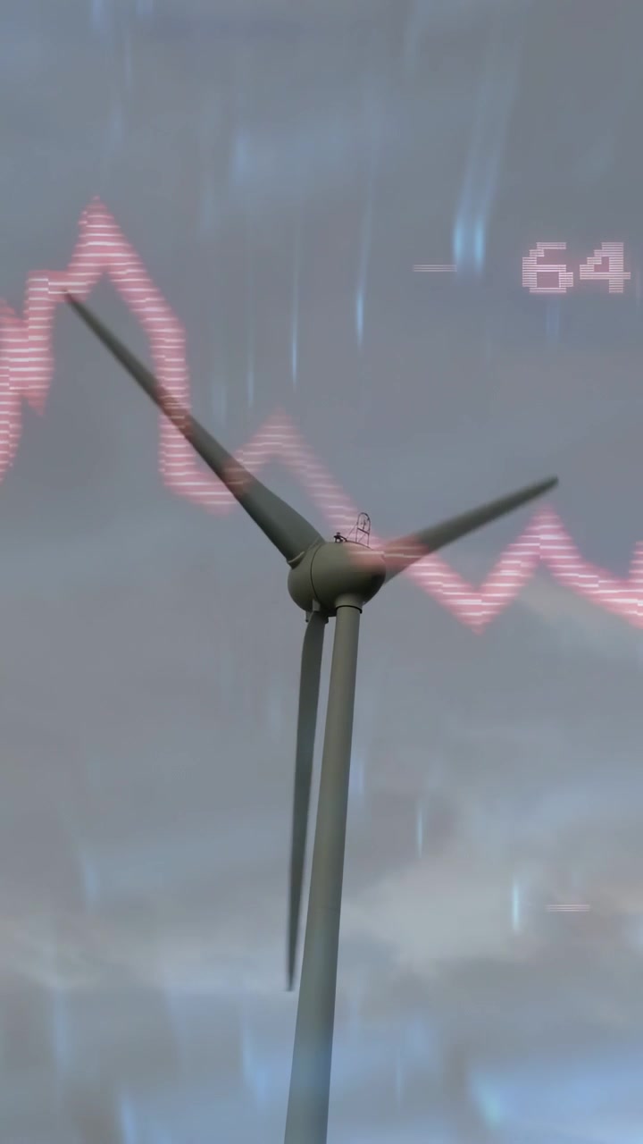 Vertical video: Three-bladed turbine rotating from wind, pink waveform and numbers tracking energy