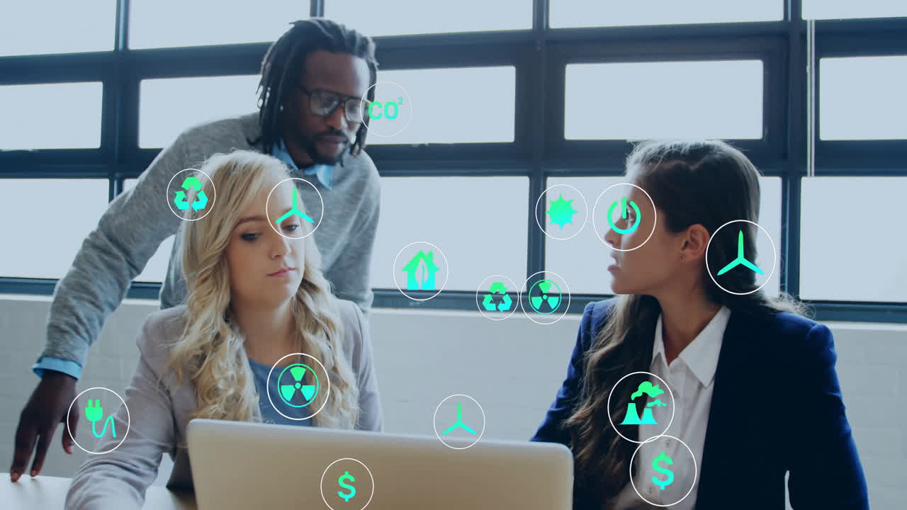 Animation of eco icons and data processing over diverse business people in office