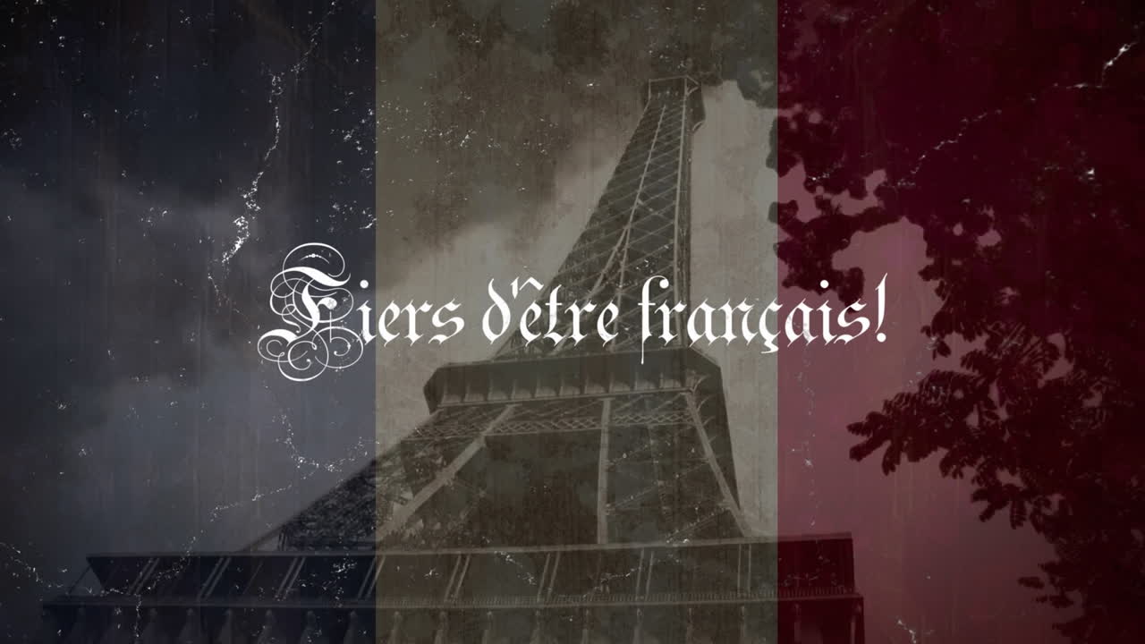 Animation of fiers d'etre francais text with french flag and eiffel tower