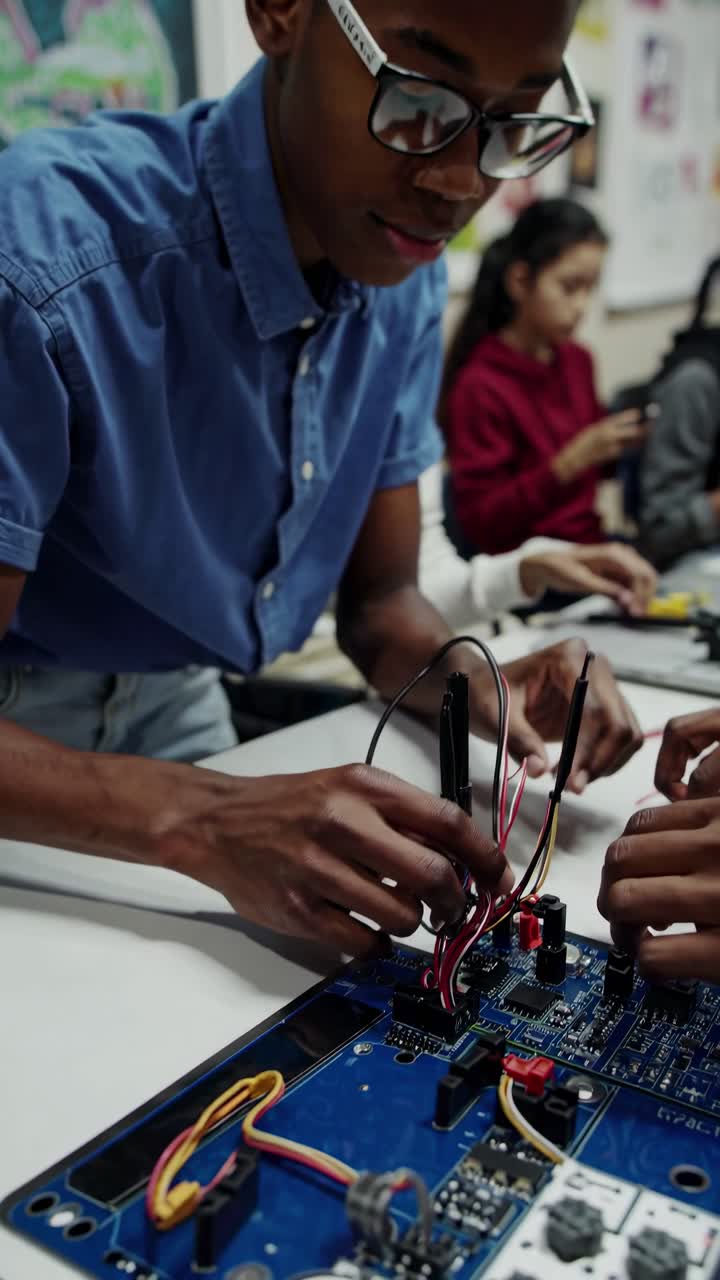 Video tagen från hög vinkel av studenter i ett klassrum, fokuserade på robotikprojekt