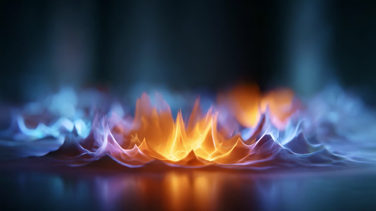 Fiamme dinamiche che si elevano: un affascinante viaggio visivo di fiamme colorate che creano motivi intricati in un ambiente oscuro ed etereo, pieno di luce intensa