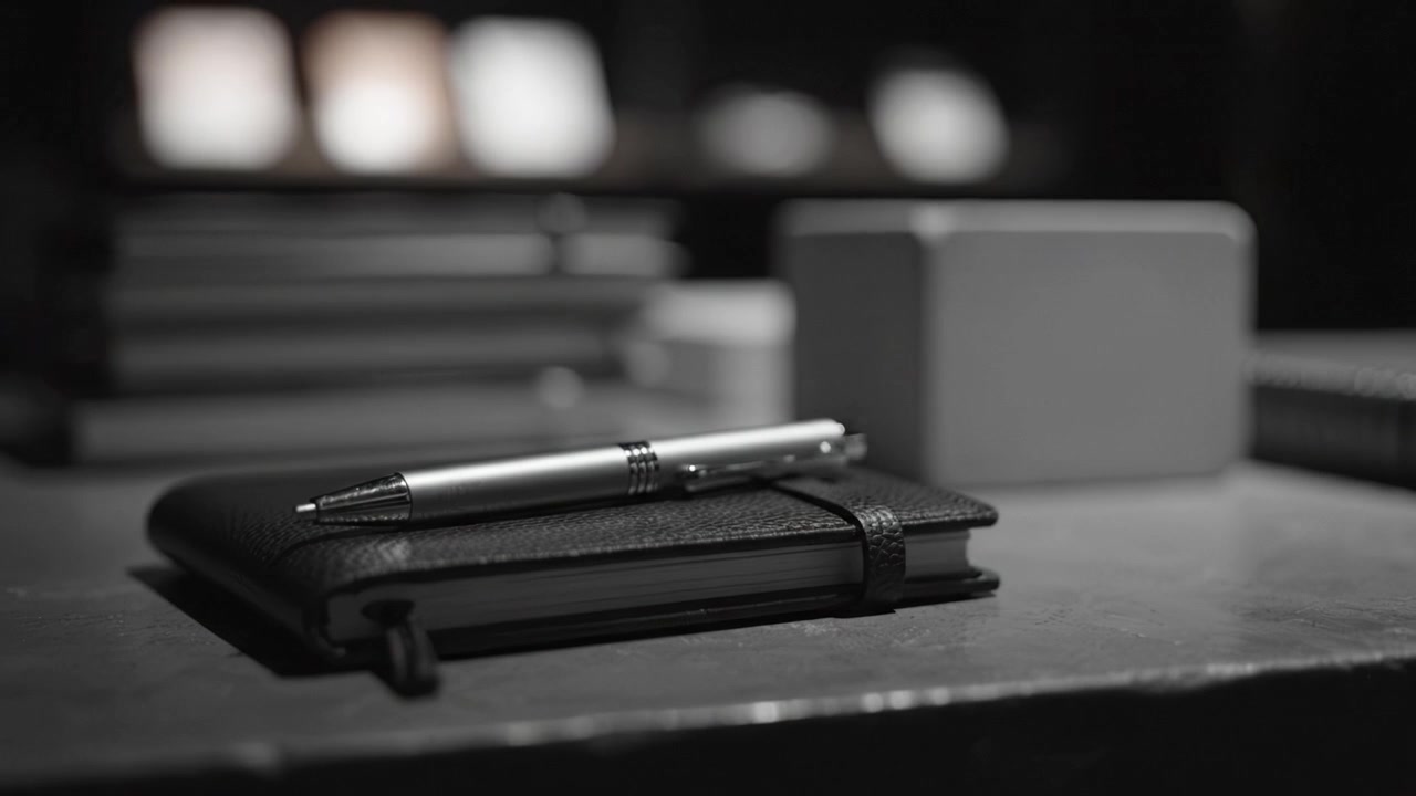 An Elegant Composition of a Journal and Pen on a Table Surrounded by Blurred Books and Objects, Creating a Serene Atmosphere for Reflection and Writing