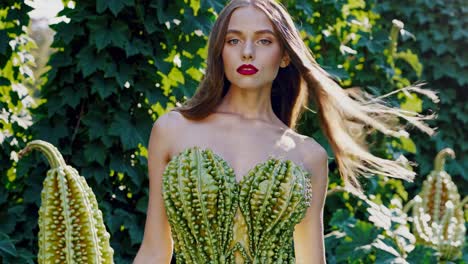 mujer con un vestido de calabaza en un jardín