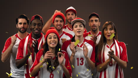 animation of gold confetti falling over group of male and female sports fans cheering