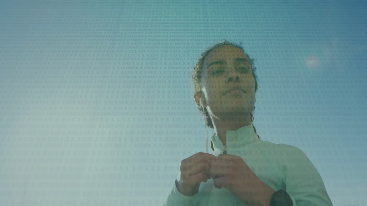 Adjusting earphones, person with binary code animation in school background