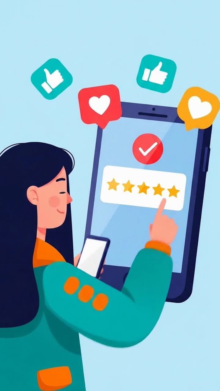 Happy woman leaving a positive five-star rating on a mobile application