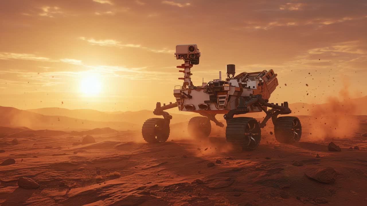 Exploring the Martian Landscape: A Robotic Rover Navigating the Red Planet at Dusk While Uncovering Secrets of Ancient Environments and Potential Signs of Life