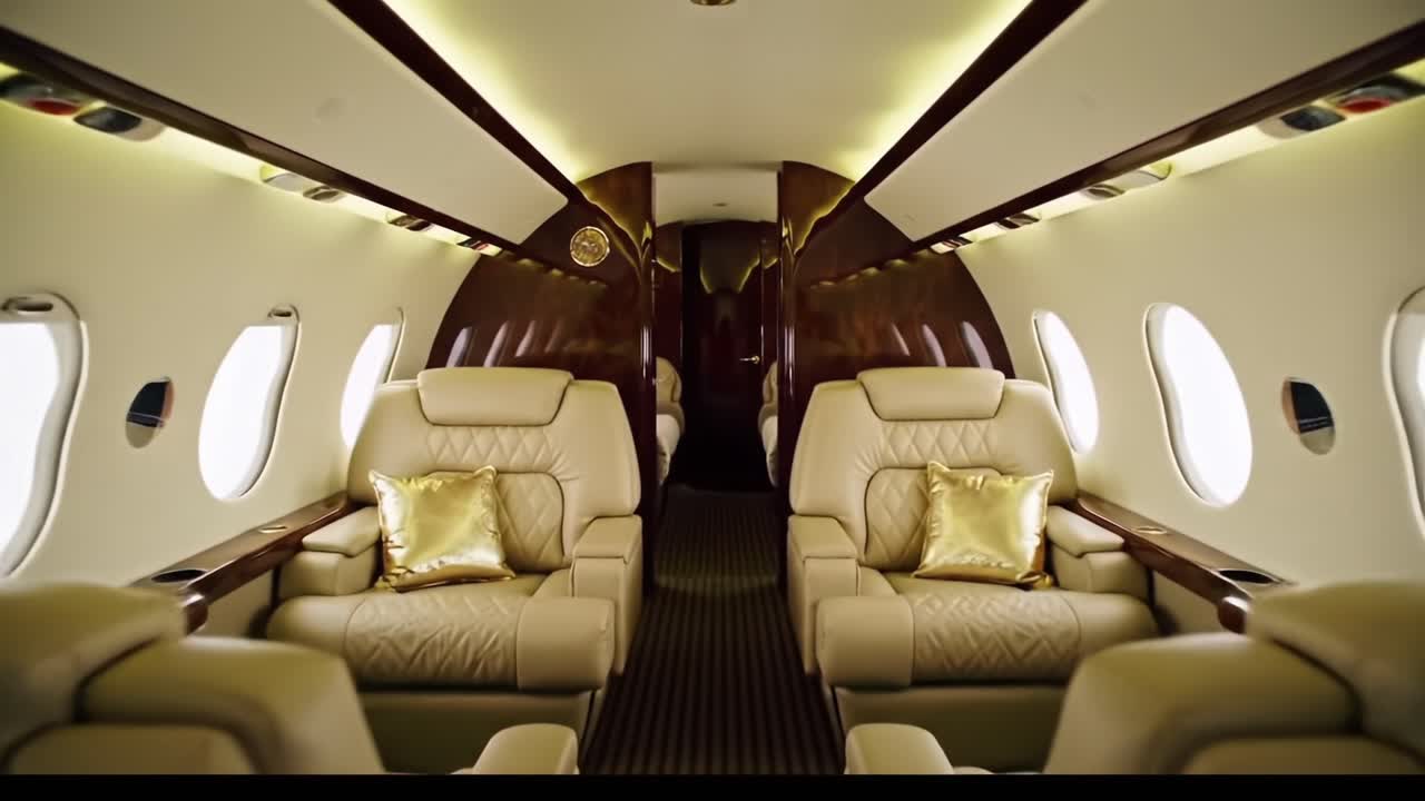Luxurious Private Jet Interior Showcasing Elegance and Comfort with Plush Leather Seating and Elegant Accents for Ultimate Travel Experience