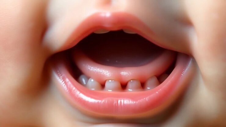 Close-up of a baby's mouth with teeth