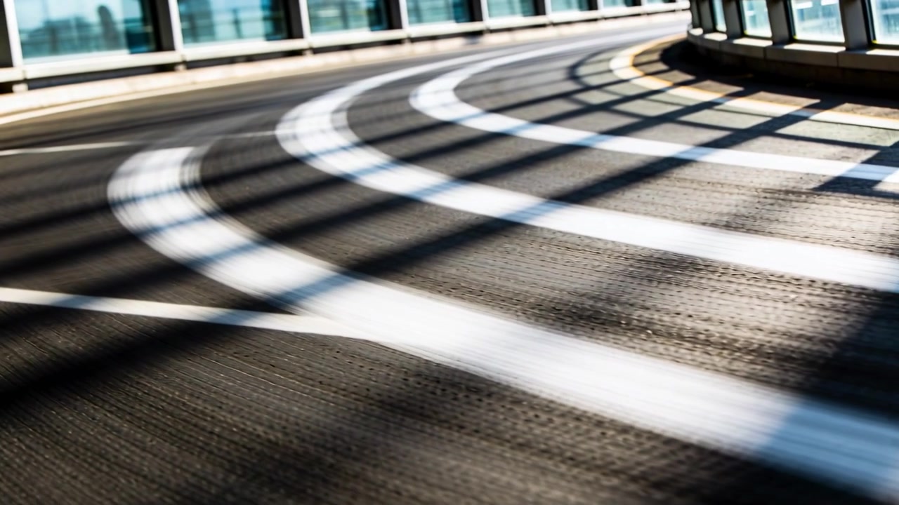 Panning camera along curved ramp to reveal chevrons and arrow, glass guardrail and shadows shifting