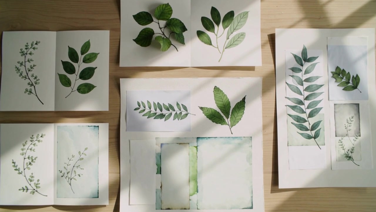 Sliding sunlight casting shadows across wood desk, camera moving closer to leaf paintings and sprig