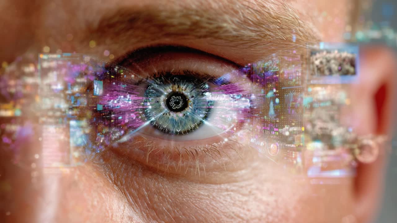 A Close-Up Perspective of an Eye Blending Reality and Digital Constructs, Showcasing Futuristic Technology and Enhanced Visual Elements Interacting with Human Features