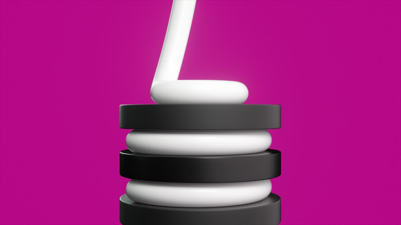 분홍색 배경에 검은색과 색으로 쌓인 원의 추상적인 3d 렌더링