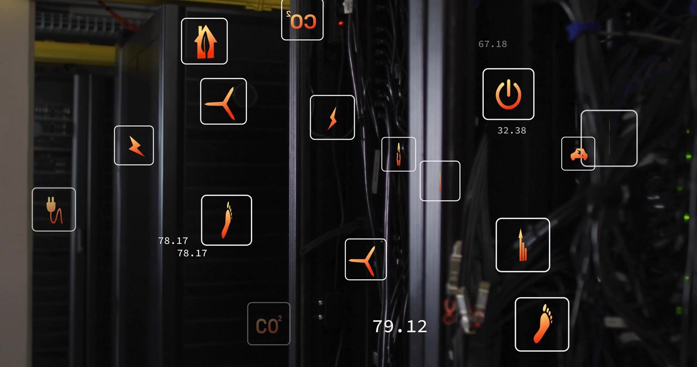 Data Center Server Racks with Digital Sustainability and Energy Monitoring Graphics