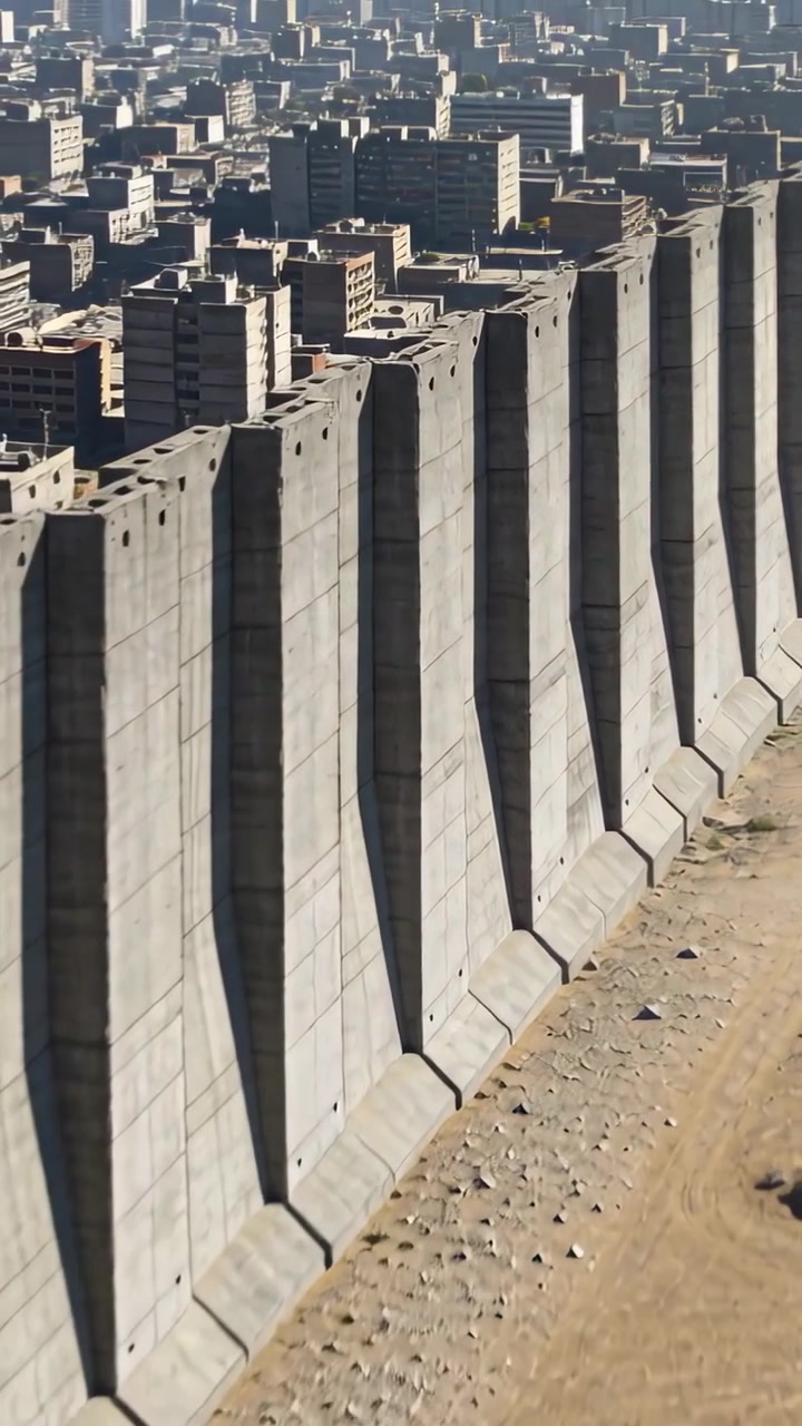 Video vertical: Cámara en paneo revelando una barrera de hormigón segmentada en la periferia urbana, para inspección