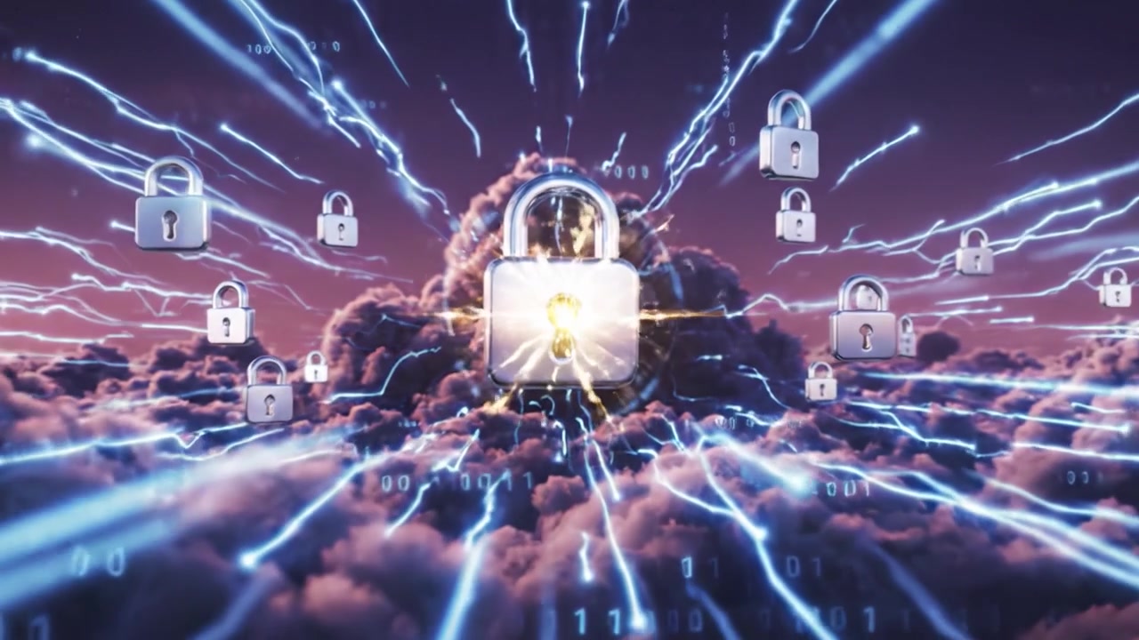 A Dreamlike Visualization of Cloud-Based Security, Merging Nature with Technology, Featuring Digital Elements and Locks Against a Stunning Evening Sky