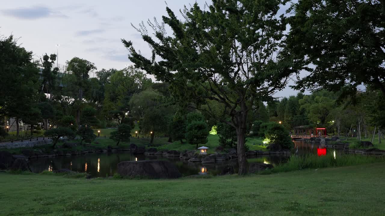 A shot capturing Sumida Park at night. The illuminated garden, pond, stone lantern, and lights reflecting on the water's surface are impressive