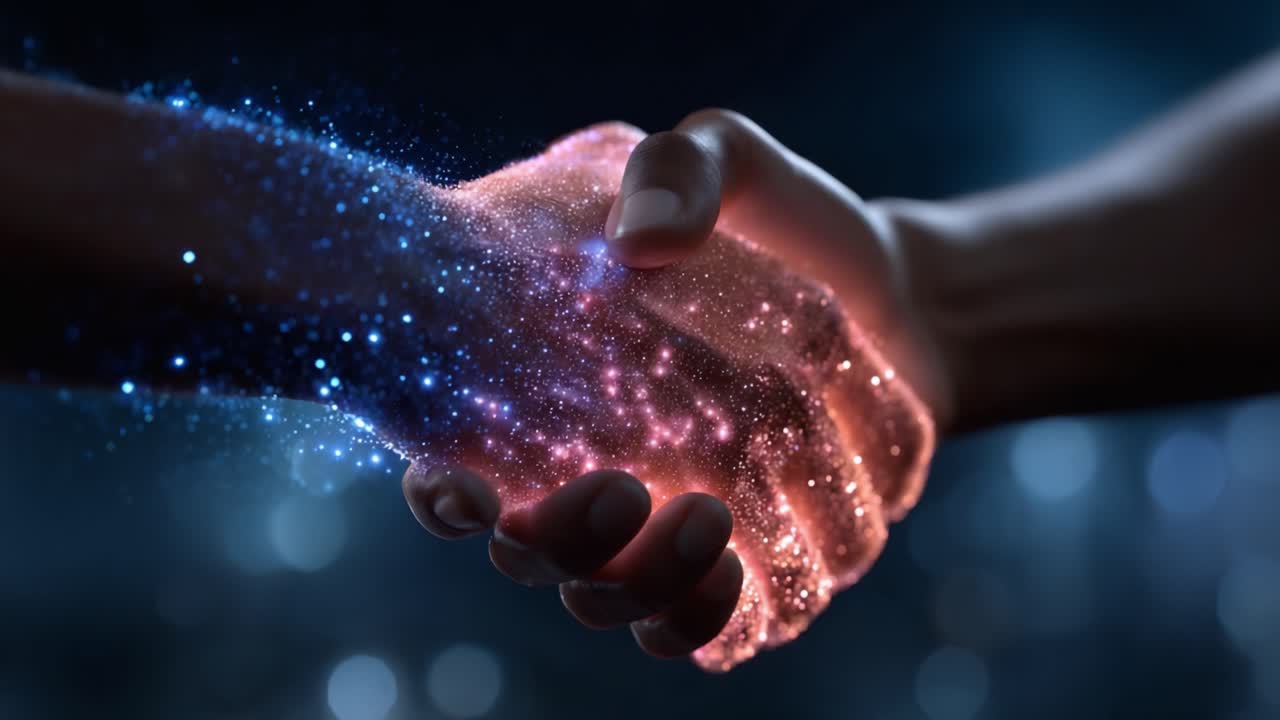 A Cosmic Connection: Two Hands Shaking in a Glimmering Universe of Stars and Light, Symbolizing Unity, Collaboration, and Infinite Possibilities Beyond Boundaries