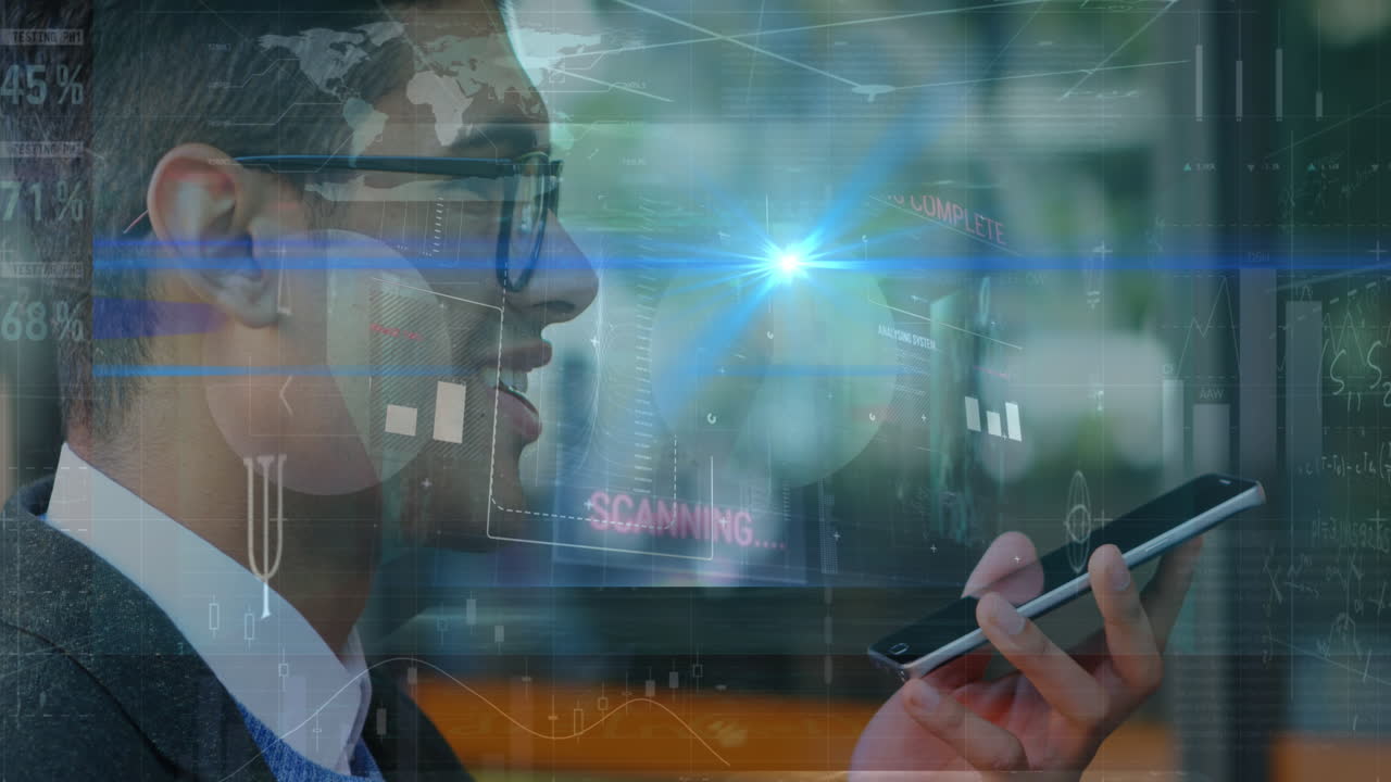 animación del procesamiento de datos financieros sobre un empresario biracial que usa un teléfono inteligente