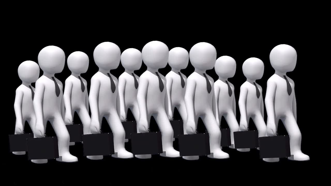 ilustración 3d de hombres de negocios personajes abstractos caminando con maletas y corbatas. bucle sin costuras con un canal alfa