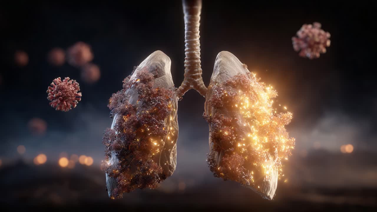 A Stunning Visualization of Lungs Invaded by Particles, Showcasing the Intricate Interactions Between Pulmonary Tissue and Viral Entities in a Breathtaking Digital Art Format