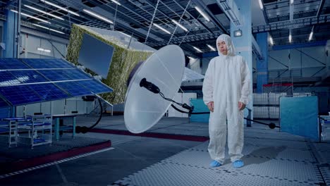 full body of asian male scientist having a headache while standing with spacecraft construction