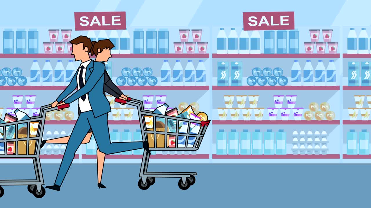 평평한 만화 사업가와 사업가 캐릭터는 판매와 함께 구매를 하고 쇼핑 카트 애니메이션으로 실행합니다.