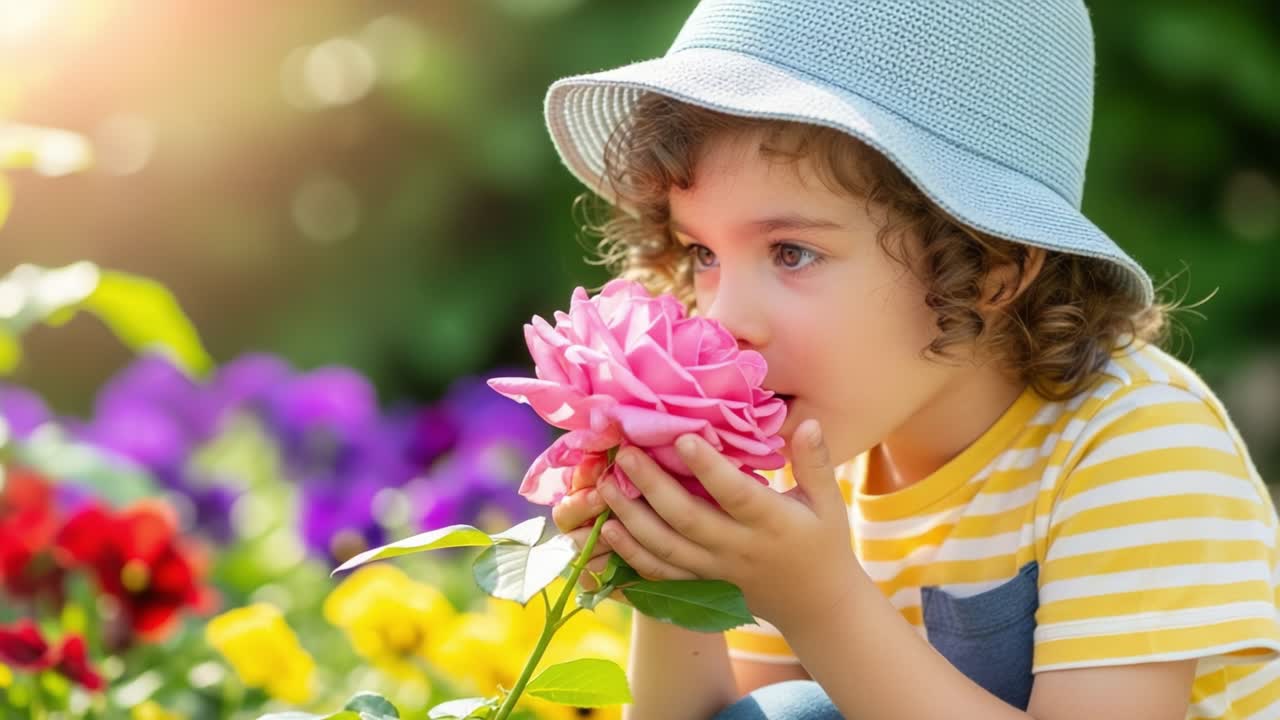 A Young Child Enjoys the Fragrance of a Beautiful Pink Rose While Surrounded by Colorful Garden Flowers, Capturing Pure Joy and Curiosity in Nature