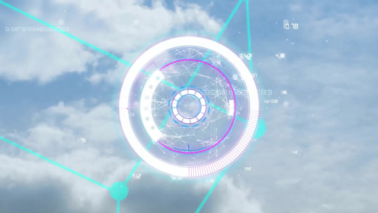 구름이 많은 파란 하늘에서 글로벌 네트워크를 통해 데이터를 처리하는 원형 스캐너의 애니메이션