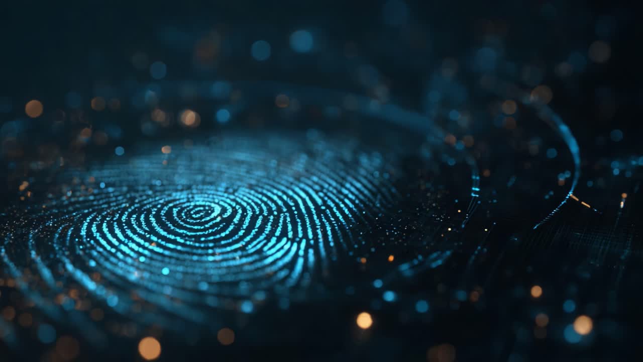 A mesmerizing close-up view of a digital fingerprint design, showcasing intricate patterns of light and color that create a sense of depth and innovation