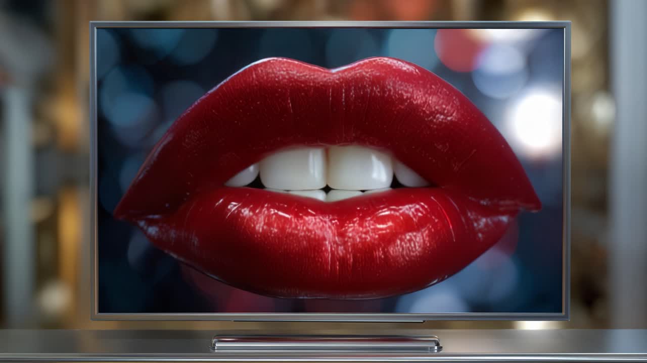 Primo piano accattivante di labbra rosse lucide visualizzate su uno schermo televisivo moderno con uno sfondo bokeh che crea un attraente focus visivo.