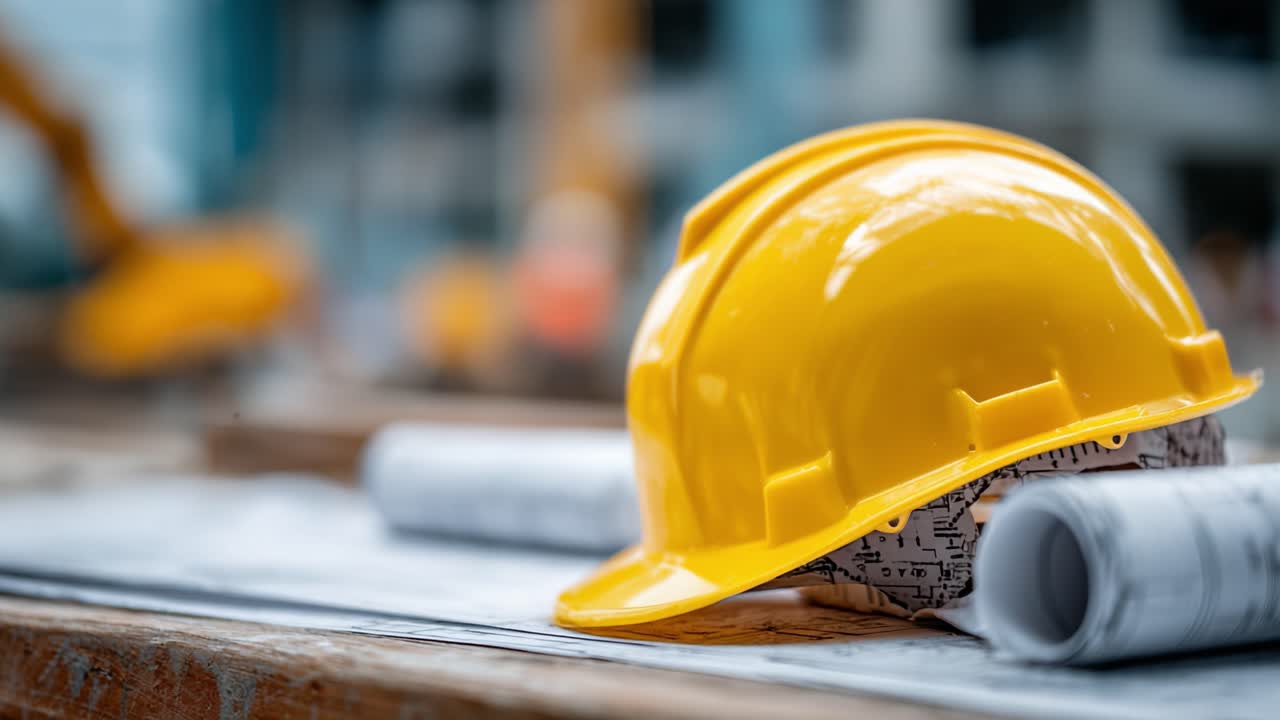 A Vibrant Yellow Hard Hat Resting on Blueprint Plans at a Construction Site, Symbolizing Safety, Planning, and the Building Process in Progress
