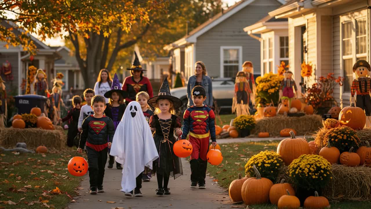 Children dressed in Halloween costumes walk down a decorated neighborhood street, with pumpkins, hay bales, and festive decorations reflecting the spirit of the holiday season