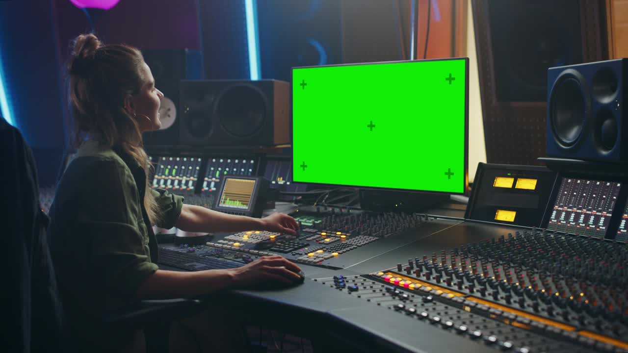 Ritratto di elegante ingegnere del suono / produttrice donna che lavora in uno studio di registrazione musicale, usa un display per computer con schermo verde, mixer, banco di controllo per creare una nuova canzone. Artista musicista creativo. Zoom indietro.