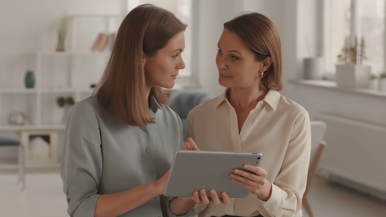 Two Businesswomen Collaborating and Discussing Using a Tablet in an Office Setting