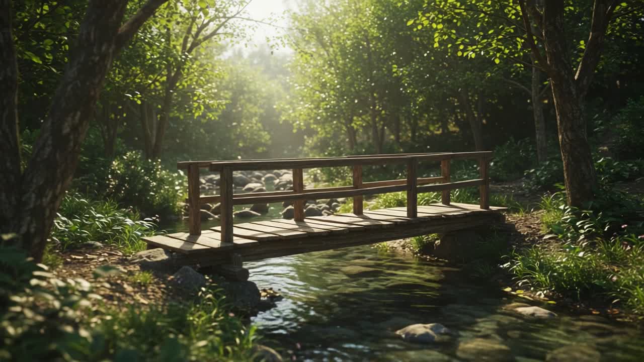 Tranquil Forest Bridge Over a Serene Stream: A Captivating Journey Through Nature's Peaceful Landscape Captured in Stunning Detail