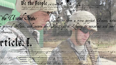 united states constitution text animation over soldiers in military gear